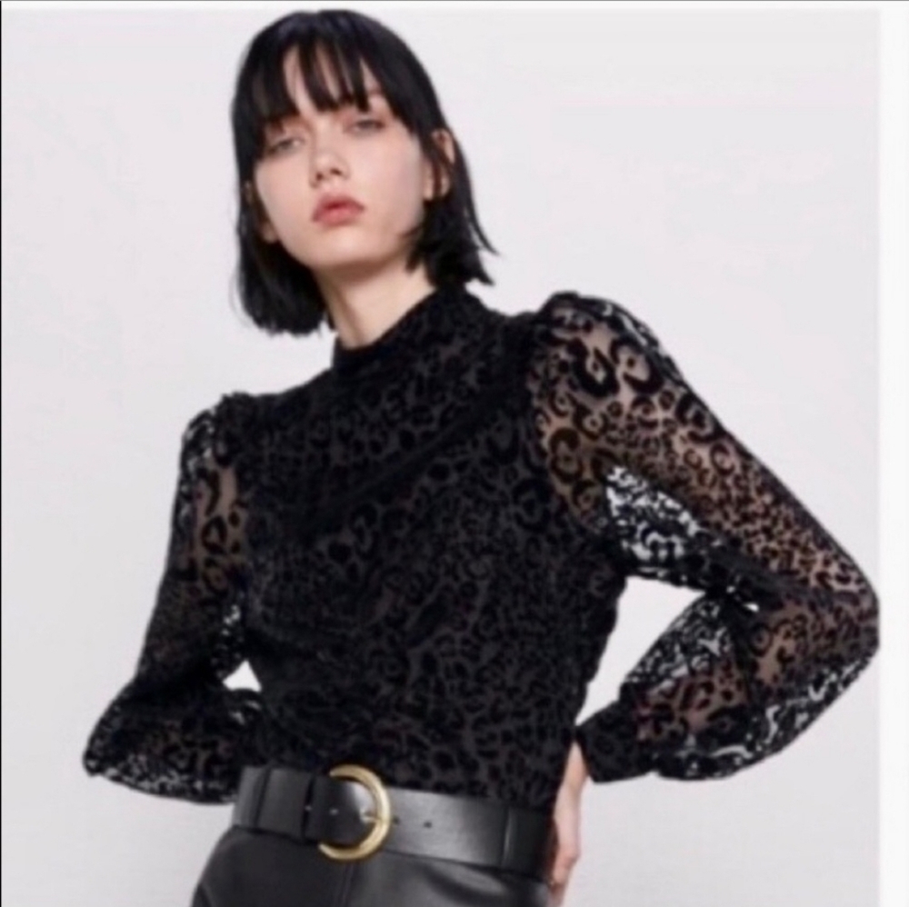 Zara Organza Velvet black Blouse Officecore Witchy Shirt size S